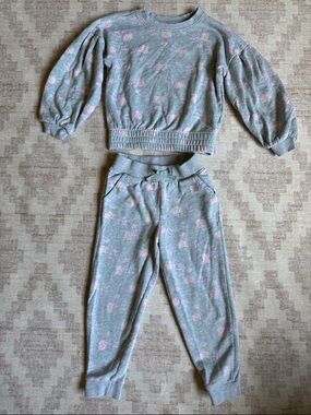 Janie and Jack Gray Sweatshirt & Jogger  Set with Pink Floral Print Girls size 6